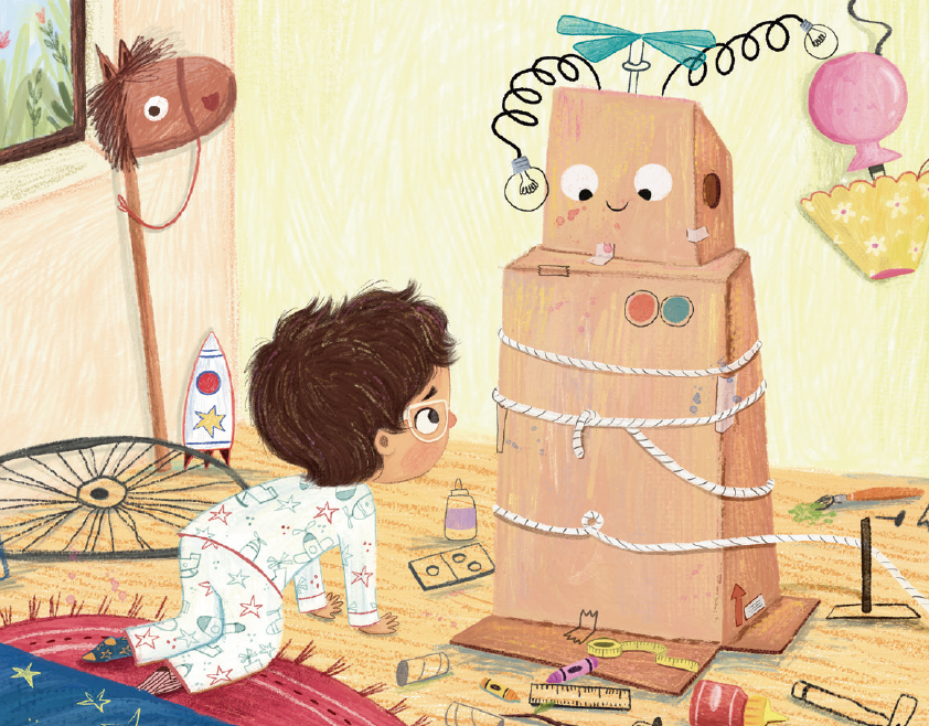 Illustration from the book SAWYER'S BIG IDEA showing his cardboard robot creation.